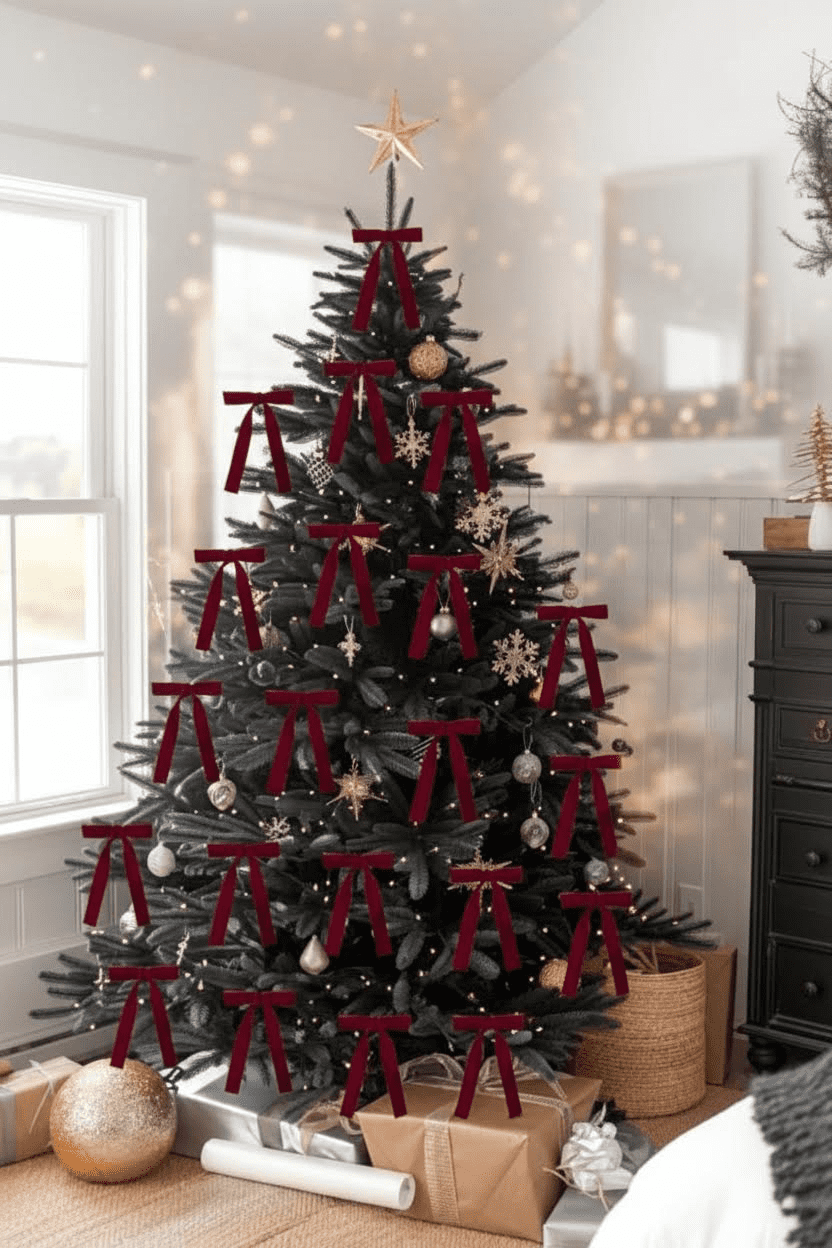24-Pack Burgundy Velvet Christmas Bows for Tree Ornaments, Garland, Wreath, and Rustic Holiday Crafts - Indoor and Outdoor Xmas Decorations