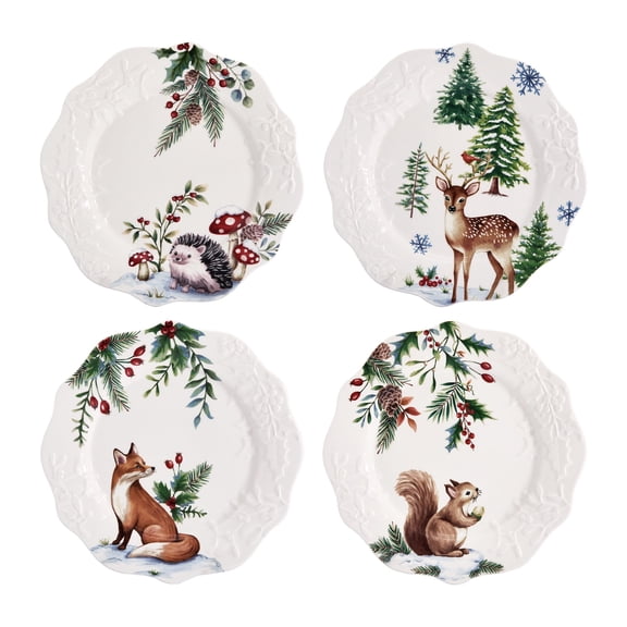Bico Winter Woodland Critters Scalloped Salad Plates Set of 4, 8.75 Inch Ceramic Dessert Plates for Salad, Appetizer, Side Dishes, Microwave and Dishwasher Safe
