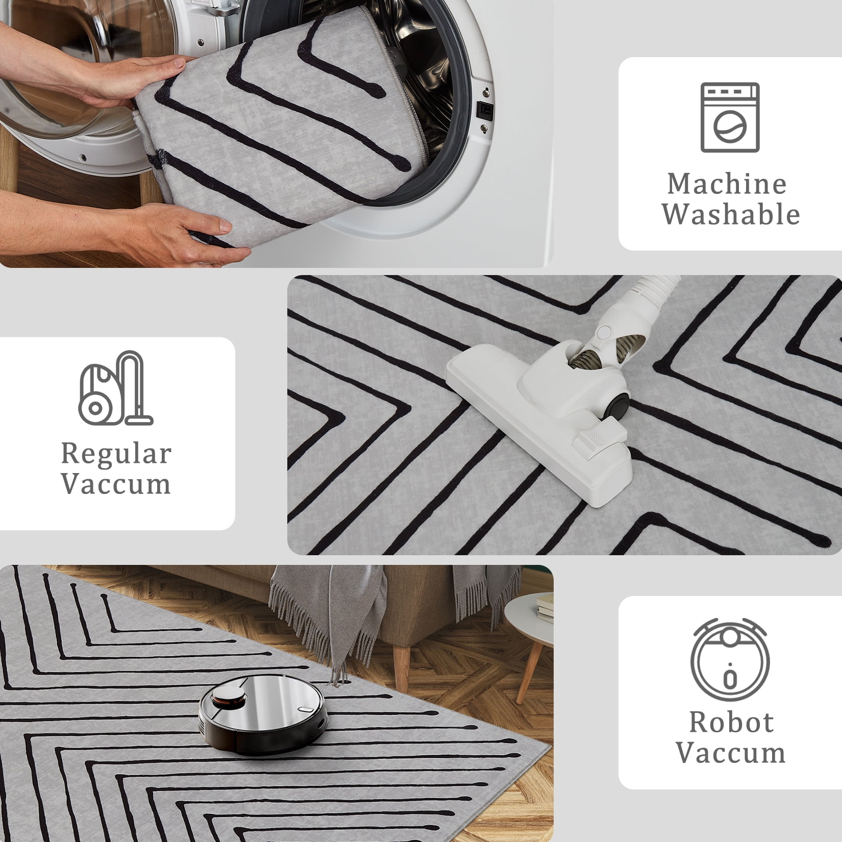 FairOnly Modern 2'x6'Runner Rug with Symmetrical Fine Lines Machine Washable Low Pile Non-Slip Geometric Rugs for Bedroom Kitchen,Beige White