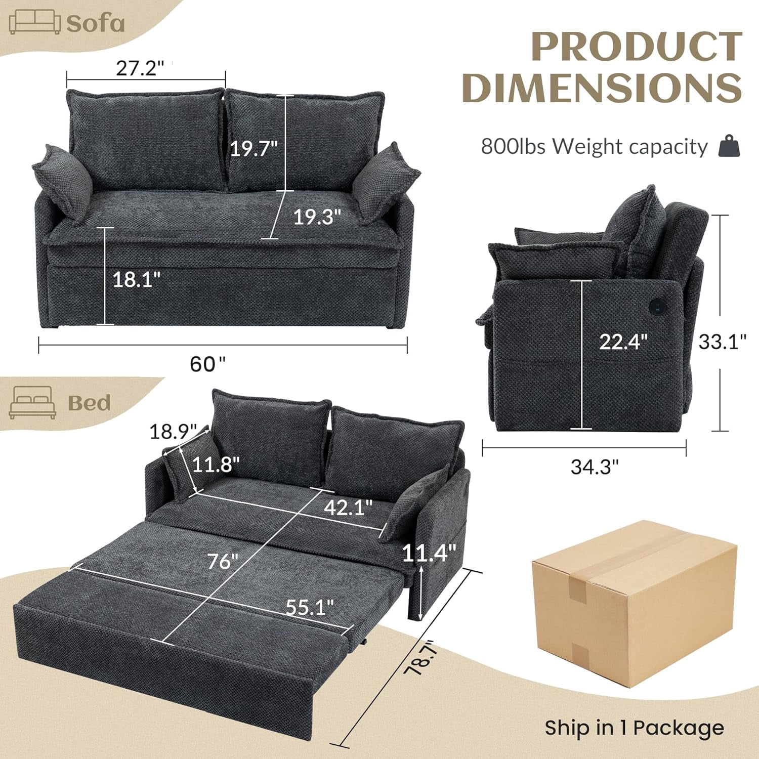 Modern Convertible Sleeper Sofa with USB Charging, Queen-size Corduroy Upholstery Sofa Bed, Gray