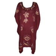 Mogul Women's Kaftan Dress Maroon Floral Embroidered Kimono Rayon Beach Cover up XL