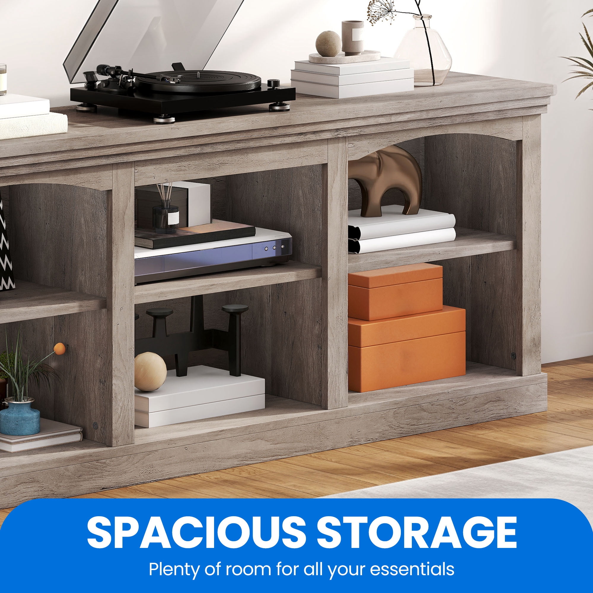 Uforic TV Stand for 80 Inches TV, Farmhouse Entertainment Center with Adjustable Shelf & Storage Cabinets, Washed Gray