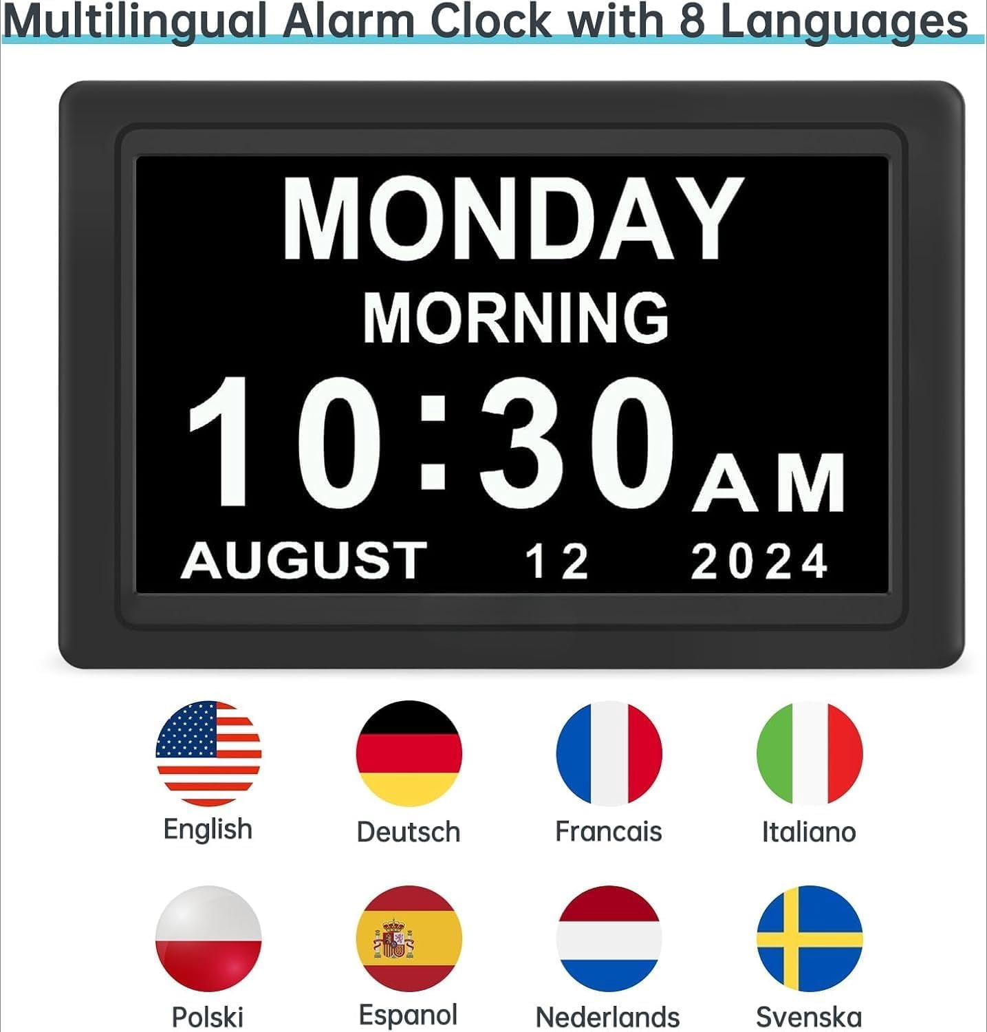 12” Dementia Digital Clock for Seniors Extra Large, 20 Alarm Reminders Date Day Time Display for Elderly Memory Loss Alzheimers, Electric Calendar Clock, Auto DST, 1024 * 600P HD
