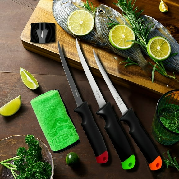 5-Piece Fishing Fillet Knife Set - Contains 3 Fishing Knives with Protective Covers, Knife Sharpener, and Towel, Stainless Steel Sharp Blade, Halloween and Christmas Gift for Loved Ones (Green, Orang