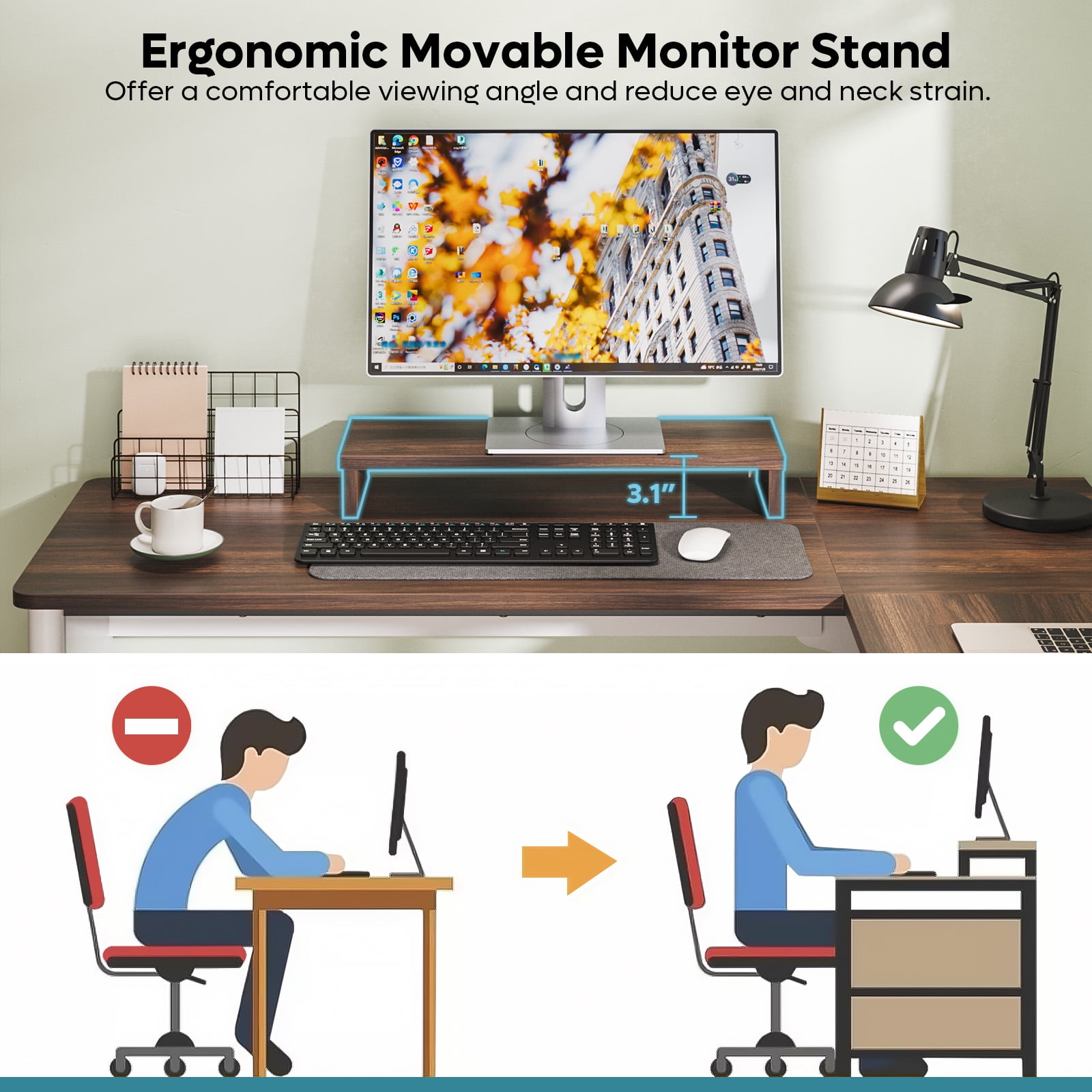Bestier L Shaped Desk with Drawers, 55.7" x 55" Office Computer Desk with Round Corners, Monitor Stand & Fluted Panels, White & Walnut