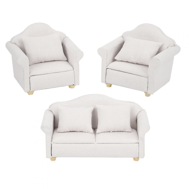 Juego de cojines para sofá a cuadros de minicasa de muñecas - 3 piezas, escala 1:12, muebles de juguete blancos