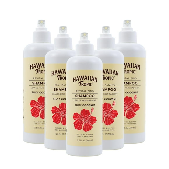 Hawaiian Tropic Revitalizing Shampoo 5 Pack, 380ml Bottle, Silky Coconut Scent, Sulfate Free, Paraben Free, Hotel Bathroom Amenities, Bulk Size, Air Bnb, Guest Bathroom Essentials, Airbnb
