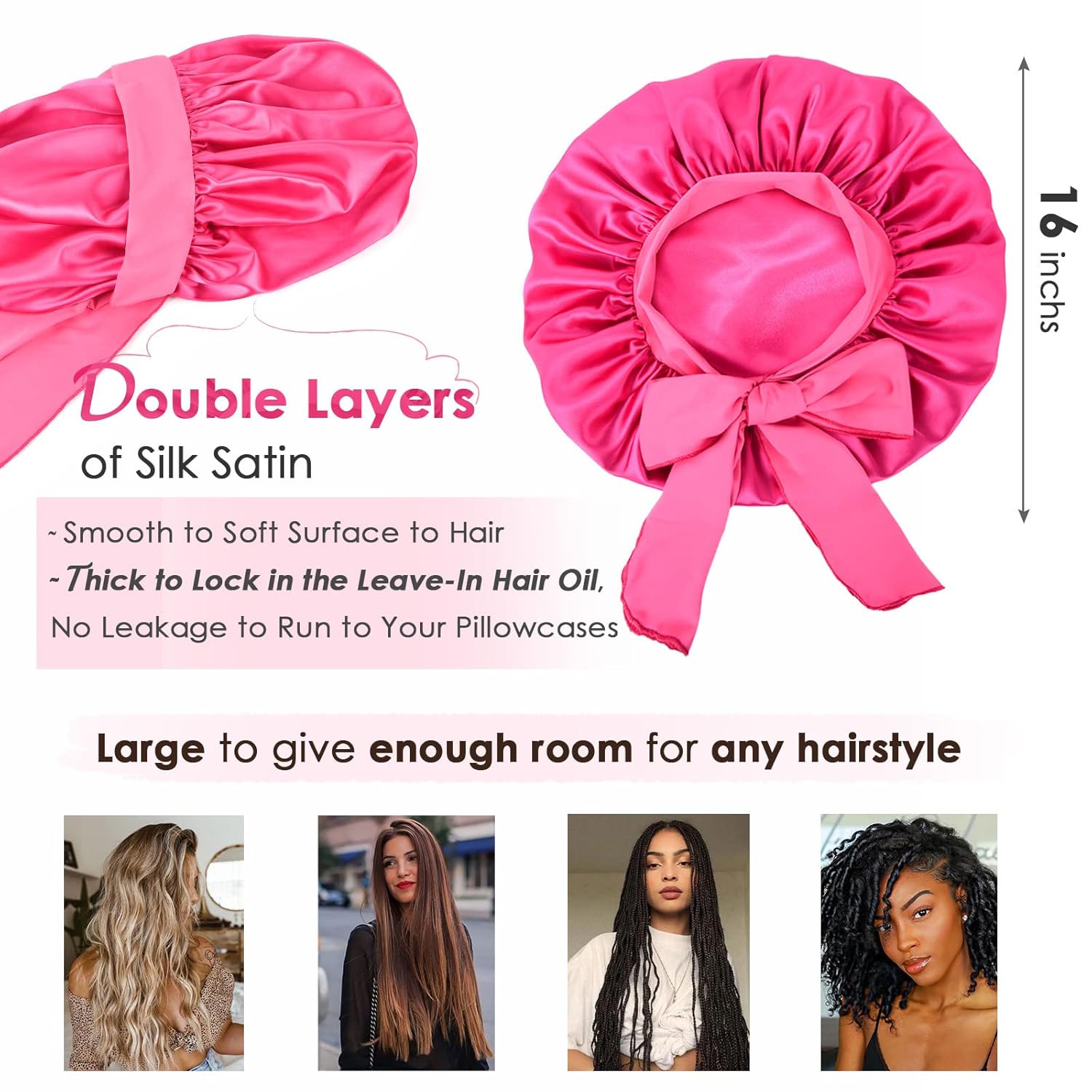Silk Bonnet for Sleeping Women Satin Bonnet Double Layer Satin Lined Hair Bonnet with Tie Band Curly Hair Blush Pink