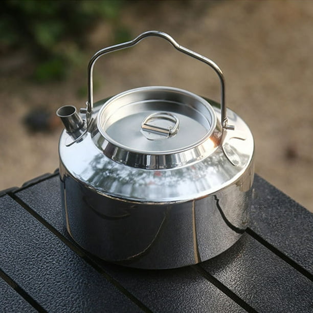 Hervidor de camping de acero inoxidable de gran capacidad | Tetera portátil para exteriores para fuego abierto | Duradero 14x16cm, Ligero 340g | Mango aislado, fácil de limpiar | Plata