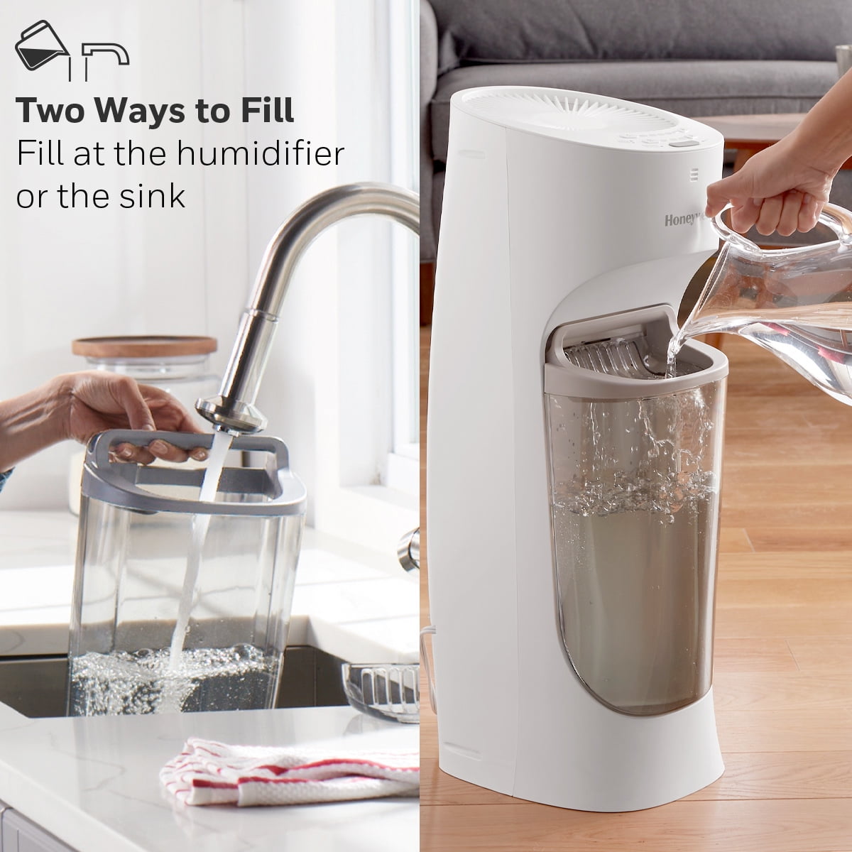 Honeywell 1.7 gal 500 sq ft Top Fill Cool Moisture Tower Humidifier with Humidistat, White, HEV615W