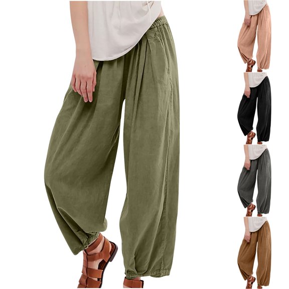 Yxbdin Womens Linen Lantern Pants Wide Leg Ankle Cinching Lounge Trousers Loose Fit Elastic Waisted Summer Vacation Casual Pants Army Green L