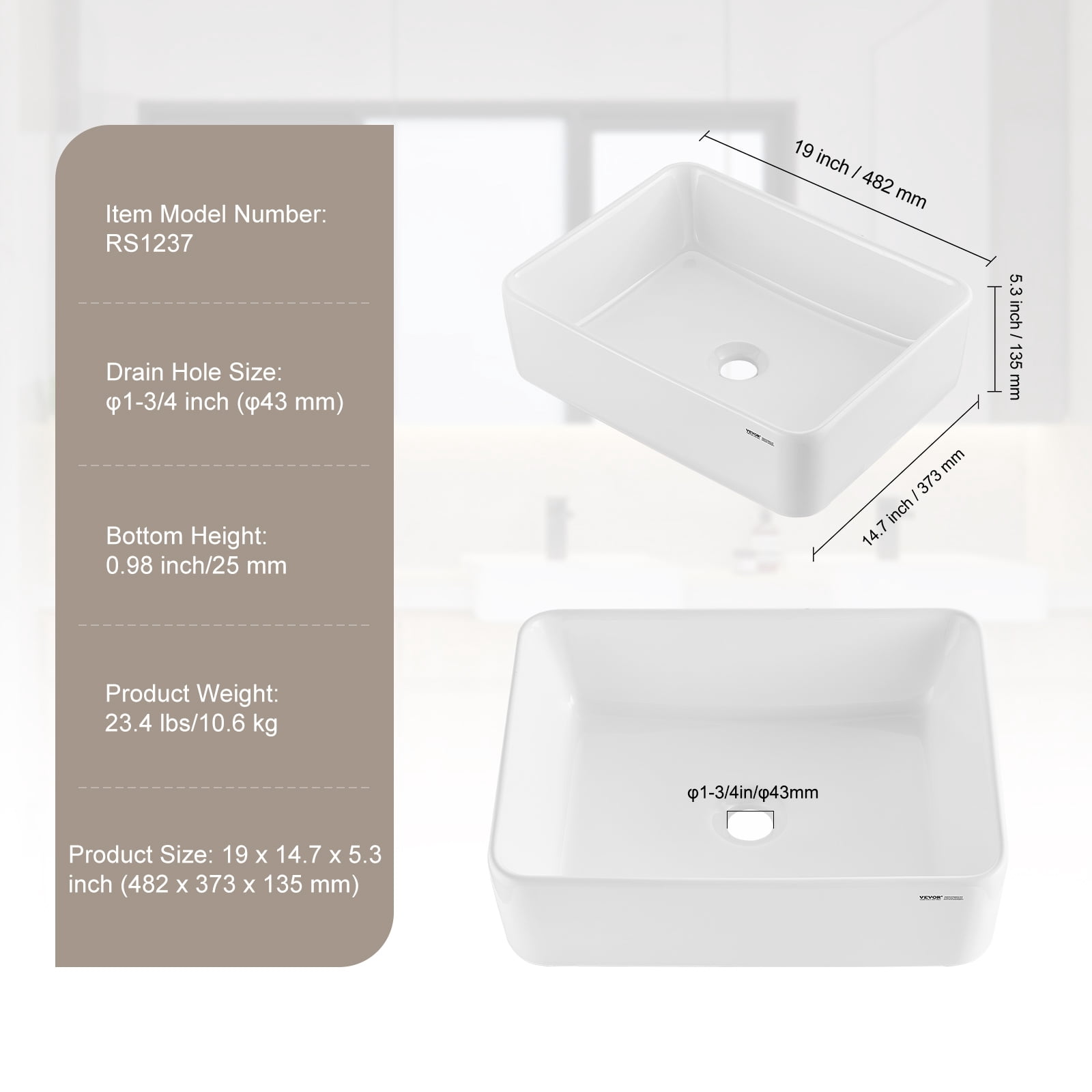 VEVOR Rectangle Vessel Sink, 19" x 14.7" Bathroom Vessel Sink Countertop, White Ceramic Bathroom Sinks Above Counter, Modern Style, Bright and Elegant, Well-Packaged for Bathroom, Hotel, Toilet, RV