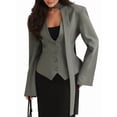 thumbnail image 3 of Chaqueta de Traje de Larga para Mujer, Color Liso, Cuello en V, Corte Entallado y Hombreras Gris M, 3 of 10