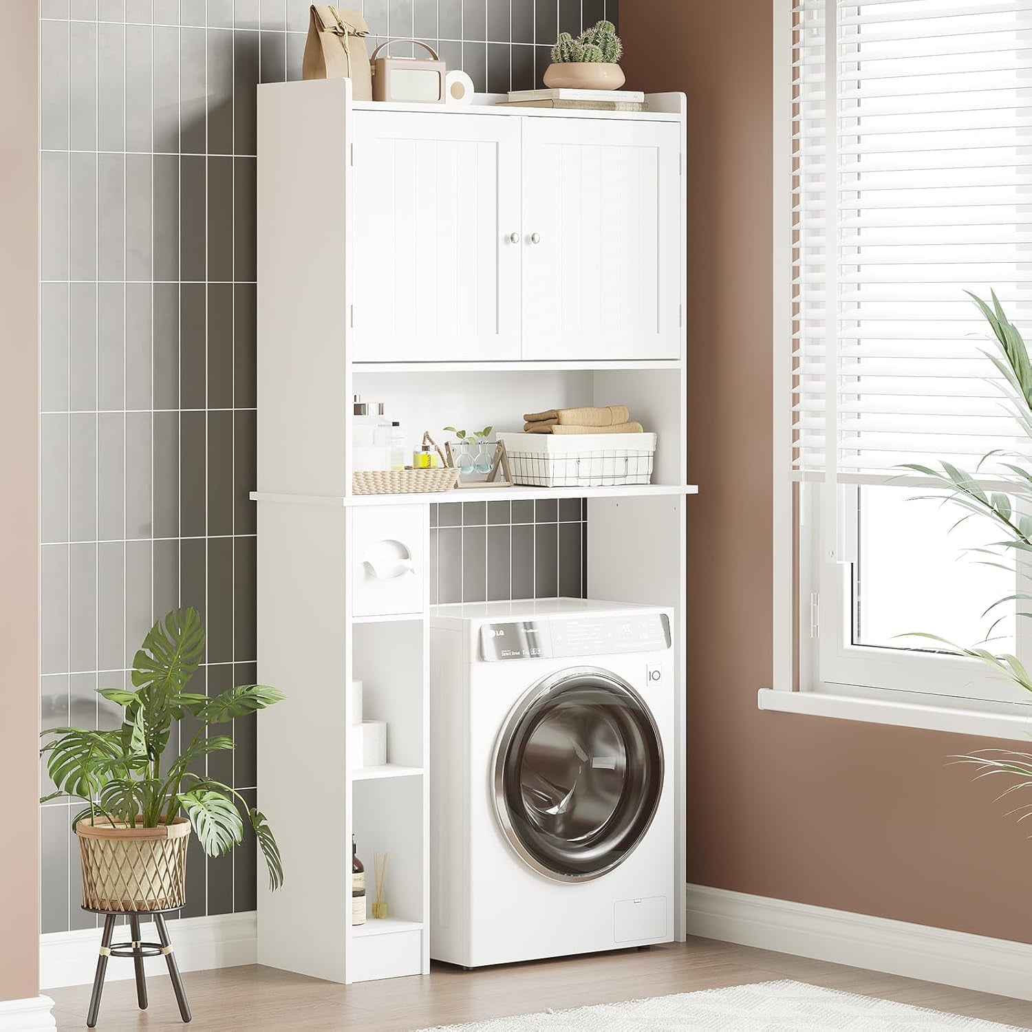 Twister.CK Over The Toilet Storage Cabinet with Toilet Paper Holder Double Door Bathroom Organizer Shelf with Adjustable Shelves, White
