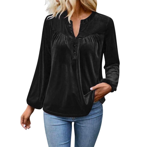 FAIWAD Blouses for Women Dressy Casual Button Front Velvet Top Casual V Neck Solid Long Sleeve Work Shirts