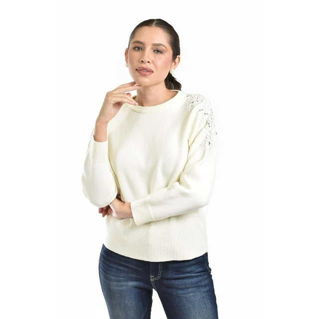 Sueter con bordado y pedrería en los hombros Roman Fashion / Juvenil, 4008 (Hueso) beige G