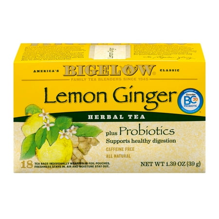 - (6 Boxes) Bigelow Herbal Tea, Lemon Ginger Plus Probiotics, Tea Bags, 18 Ct