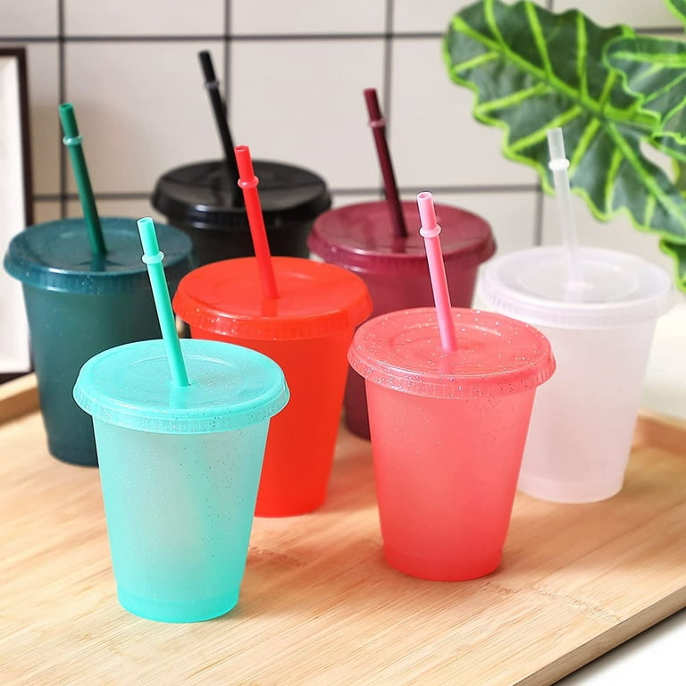 Casewin 7 Packs Glitter Reusable Cups with Straw and Lid Water Cup 16 oz  Iced Coffee Cup Portable Tumbler with Lids and Straws Summer Party Travel  Mug