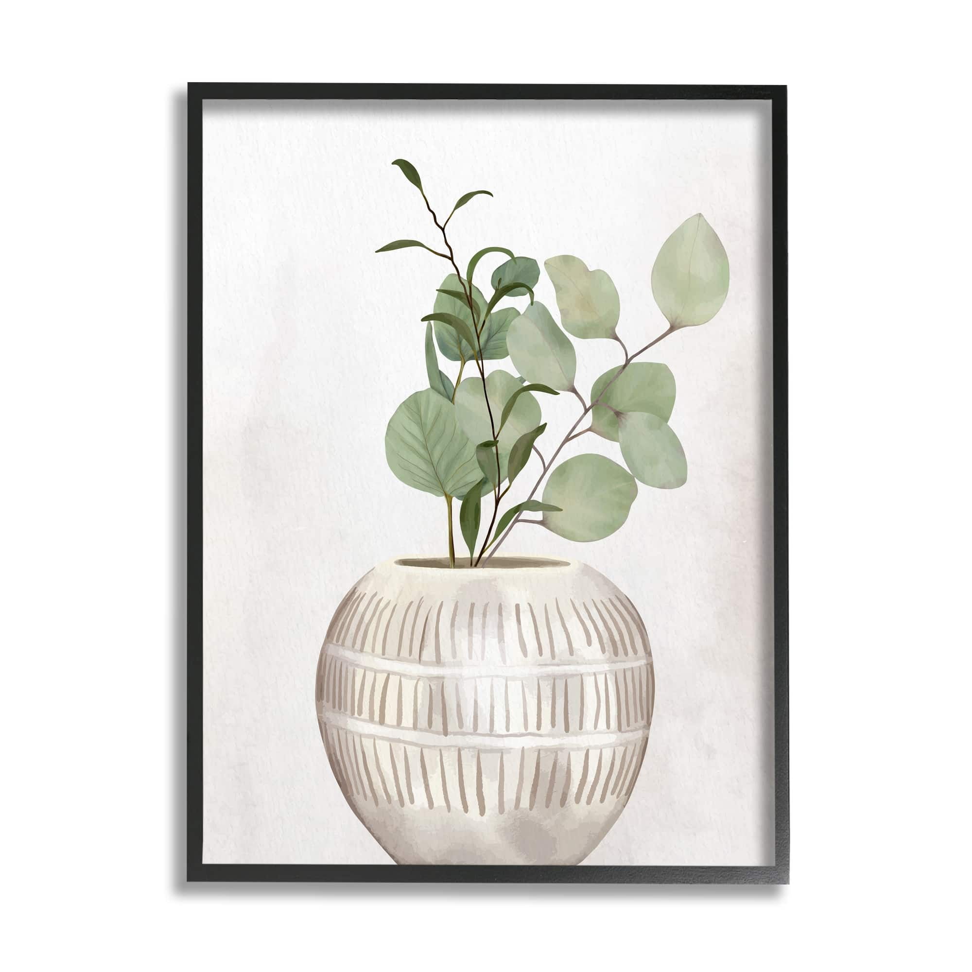 Stupell Industries Potted Herbal Plants Round Leaves Patterned Vase Painting White Framed Art Print Wall Art, Design by Kim Allen