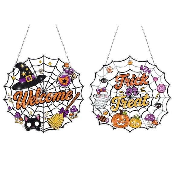 FLOPESN 2PCS Halloween Witch Hat & Candy Diamond Art Window Hanging Ornament Set, Acrylic Double-Sided Pattern Decor, Single-Sided DIY Craft Kit