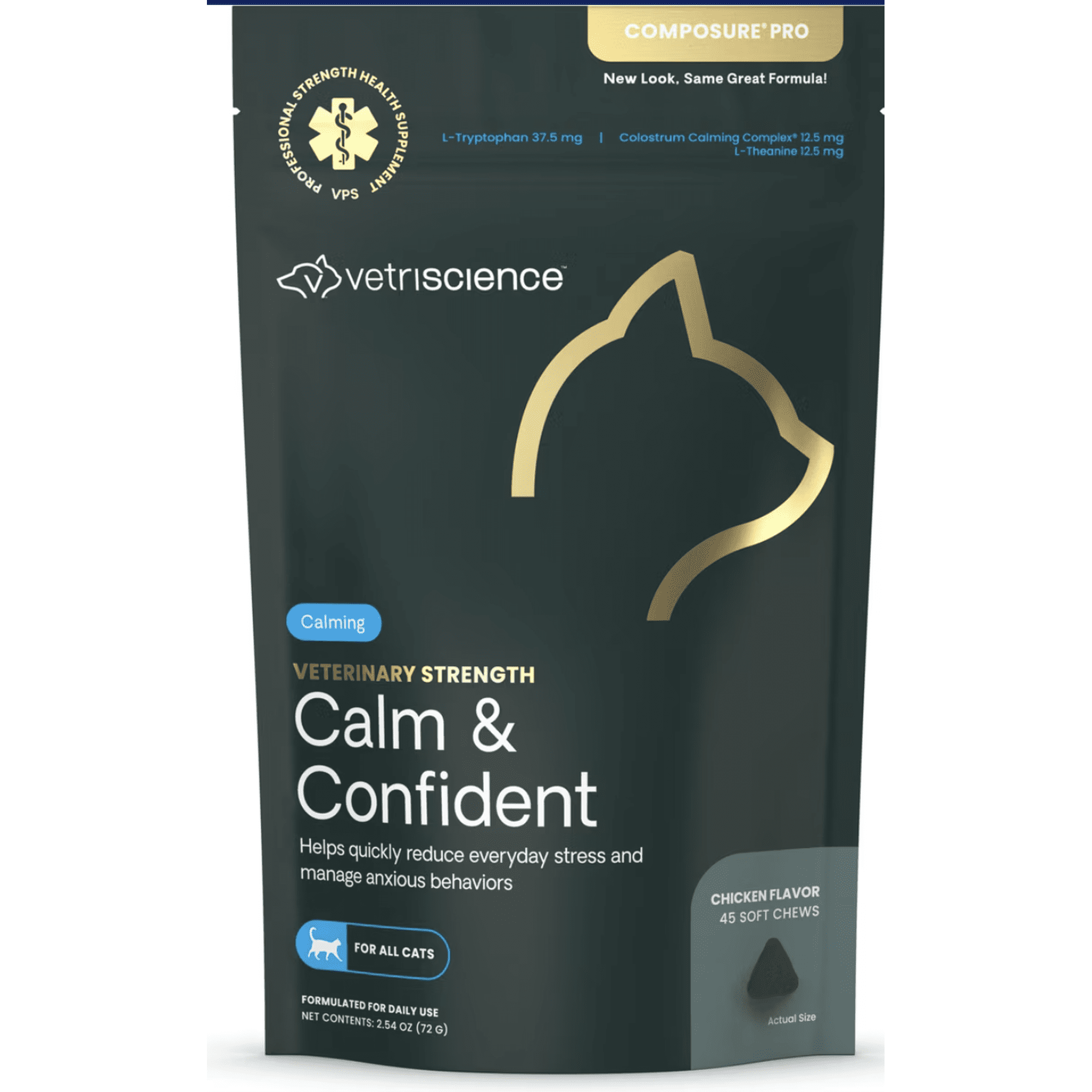 VetriScience Calm & Confident Thunderstorms Support Composure Pro Chicken Flavored Soft Chew Calming & Anxiety Supplement for Cats, 45 count