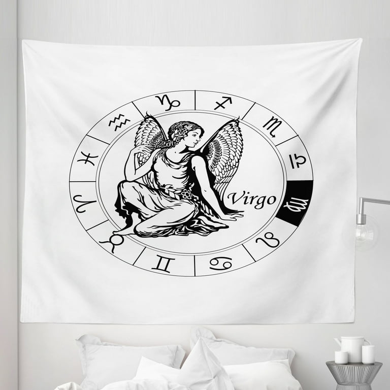 Virgo Tapestry Black and White Zodiac Sign Horoscope Greek Culture Inspired Elements Mythological Fabric Wall Hanging Decor for Bedroom Living Room