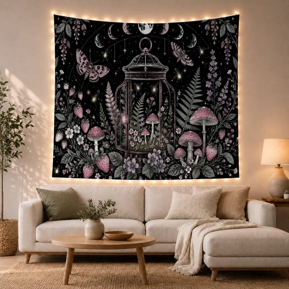 Glass Lantern with Ferns and Moths Against Black Background, Mystical Illustration for Plant Lovers, Botanical Moon Art Decor Halloween Gift, Tapestry Wall Hanging for Bedroom and Living Room