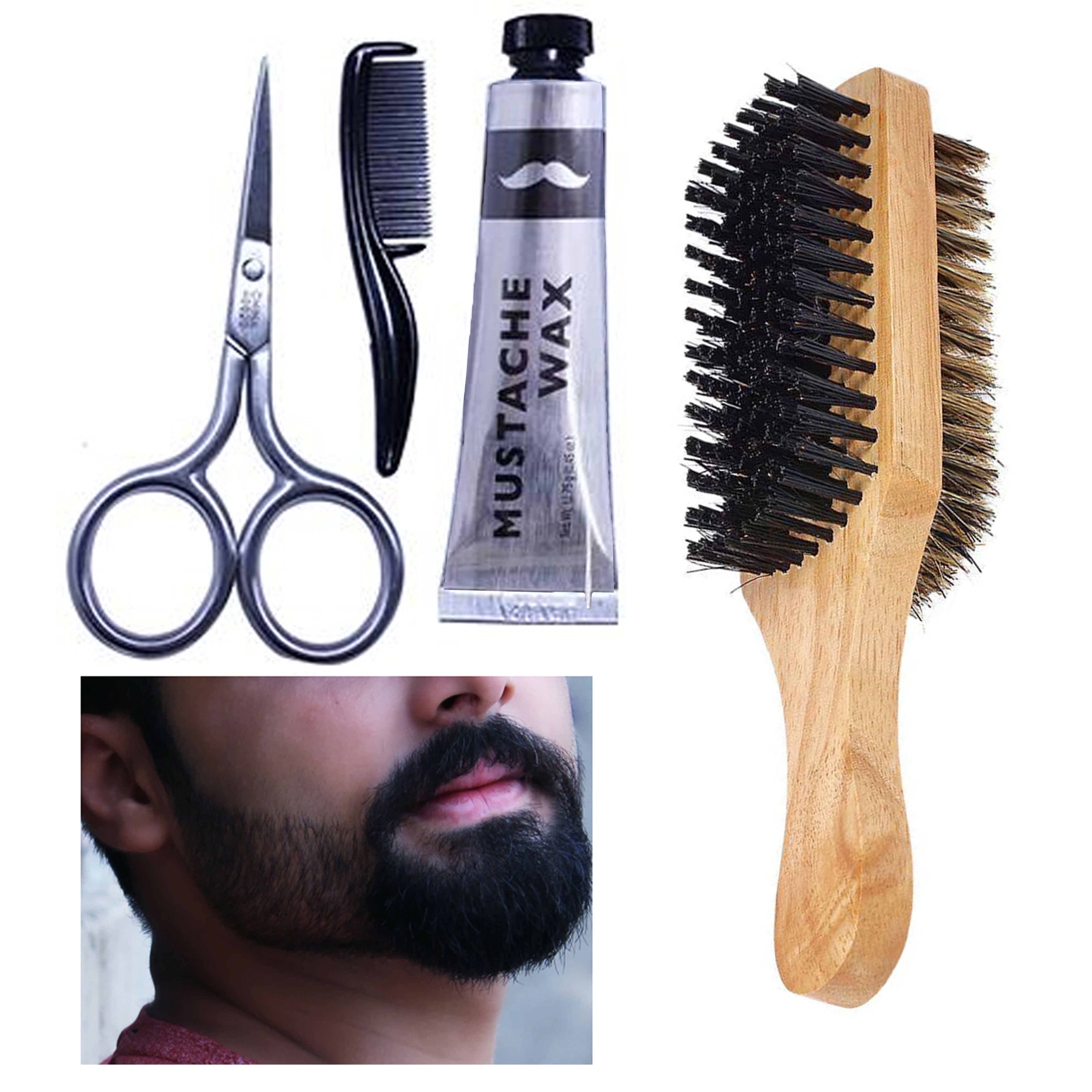 4 Pc Men Hair Beard Taming Kit Mustache Comb Boar Brush Barber Groom Growth Wax 4 Pc Men Hair Beard Taming Kit Mustache Comb Boar Brush Barber Groom Growth Wax