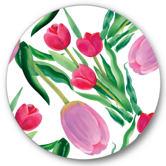 Designart 'Blooming Beautiful Pink Tulips Flowers On White' Traditional Circle Metal Wall Art 36x36 - Disc of 36