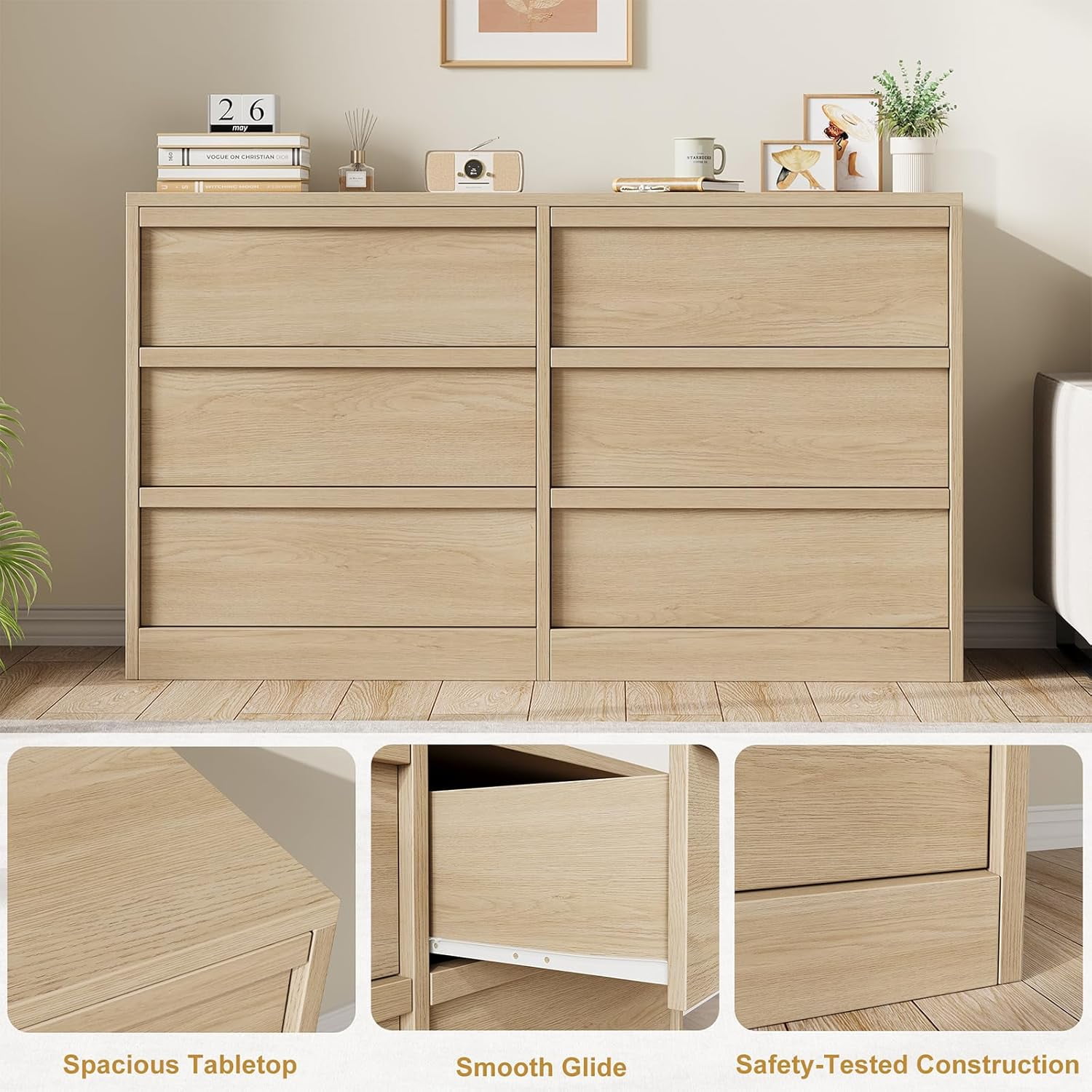 6 Drawer Dresser for Bedroom, Natural Oak 8 Chest of Drawers with Large Storage, Wooden Dresser Organizer for Living Room, Entryway, Nursery