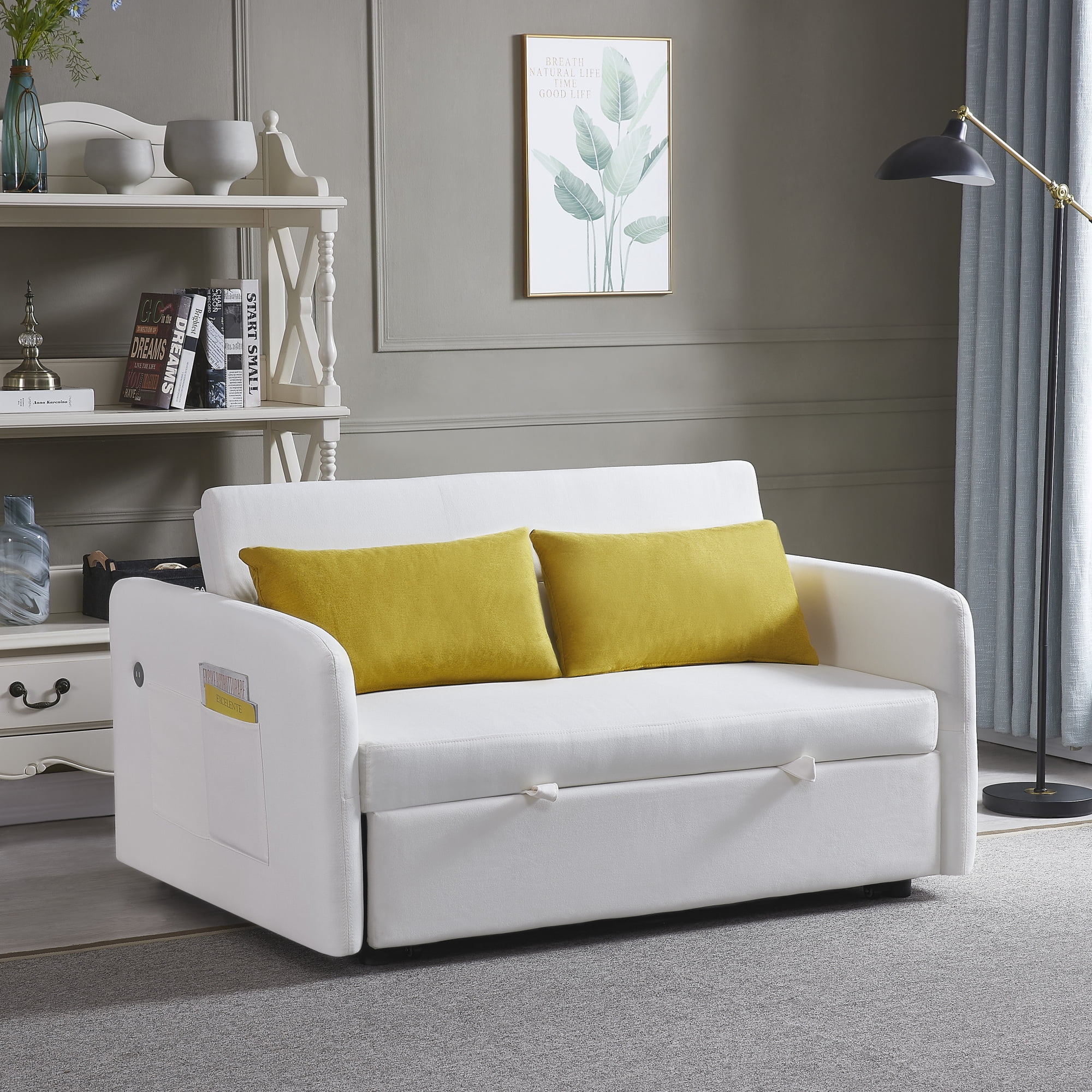 3 in 1 Convertible Sleeper Sofa Bed with Pull Out Bed ,Modern Linen Fabric Upholstered Loveseat Sofa Couch with 2 Pillows and Adjsutable Backrest,Cream White