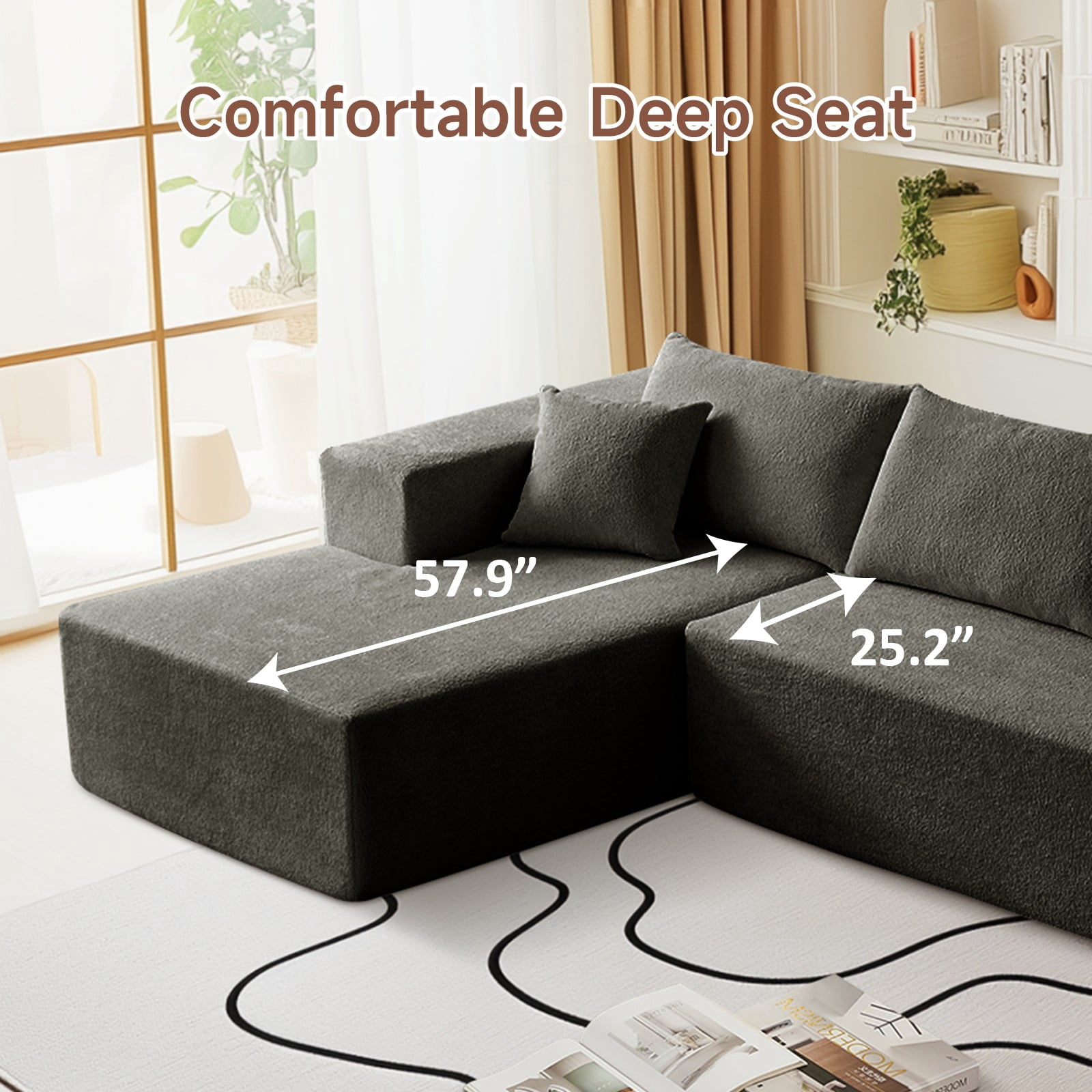 Vinform 103.54 Inch Velvet Sectional Sofa, Modern L-Shaped Modular Sofa with High-Density Foam (Includes Chaise Lounge and Throw Pillows) Upholstered Cloud Sofa for Living Rooms(Dark Gray/Right Side)