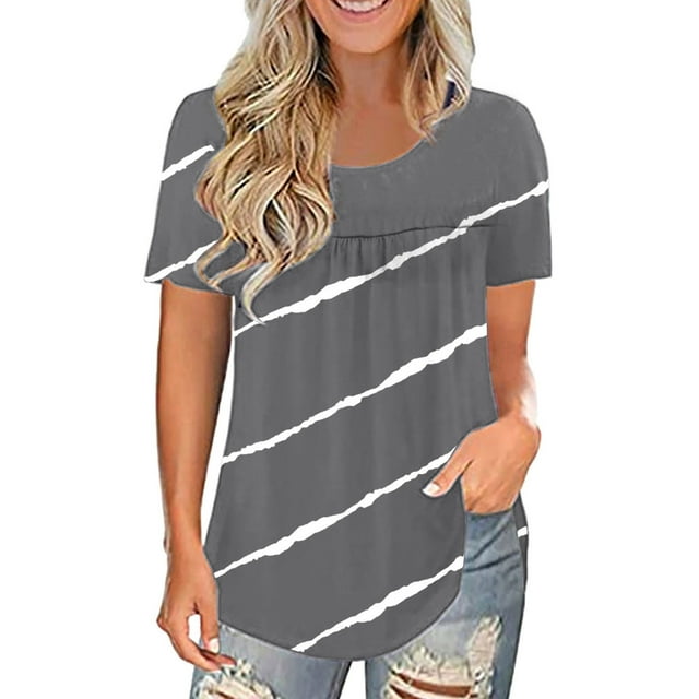 Pompotops Fashion Womens Lace Pachwork Printed Short Sleeve O-Neck Casual Tops Blouse