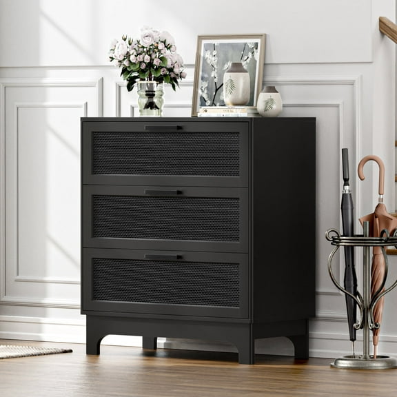 Eumyviv Mid Century 3-Drawer Chest, Solid Wood MDF Dresser with Black Rattan for Bedroom Living Room