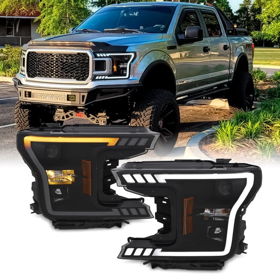 AKKON - For 2018-2020 Ford F150 F-150 Truck LED DRL Tube Smoked Projector Headlights With Sequential Turn Signal