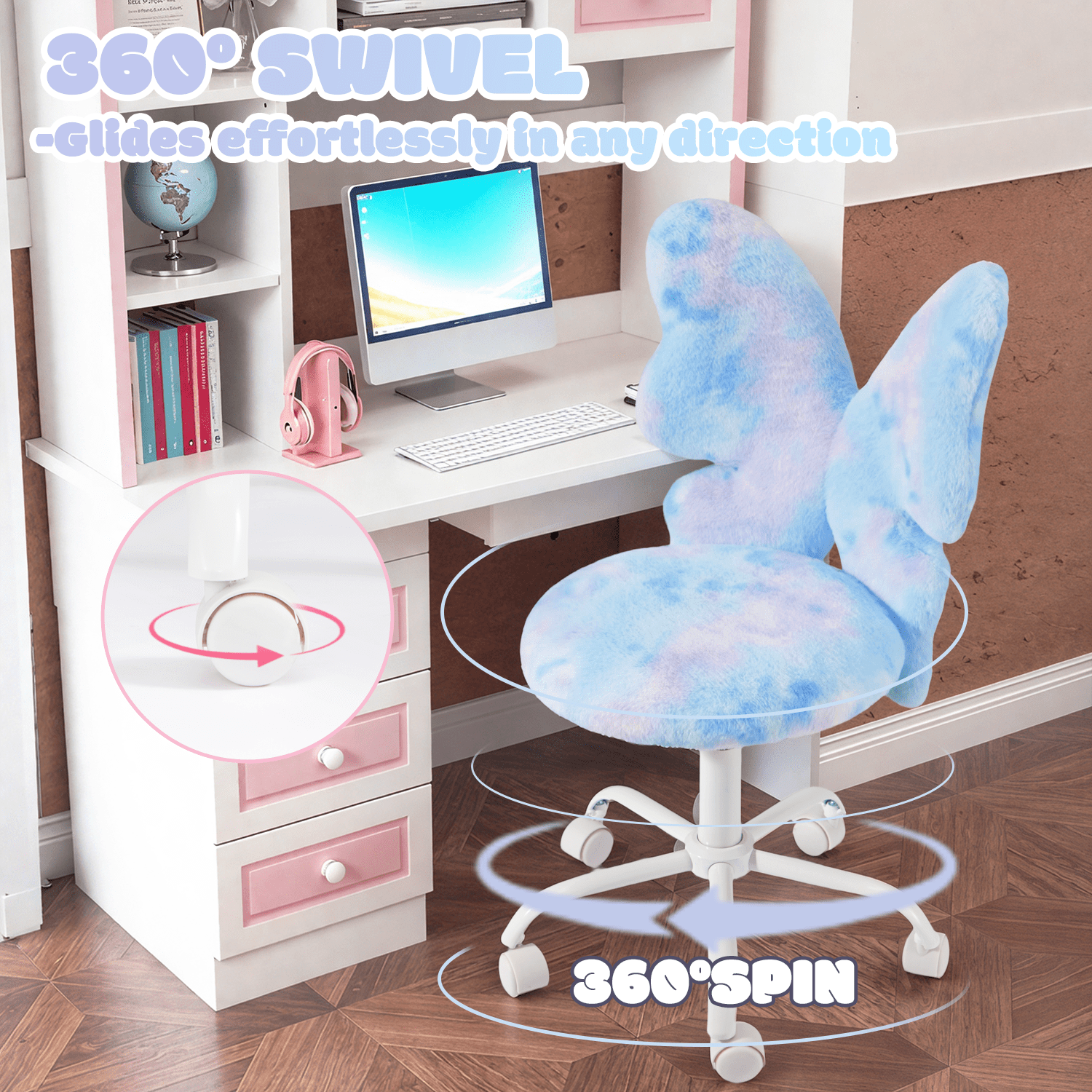 Kids Desk Chair with Butterfly Back, Adorable Fluffy Wheeled Desk Chair for Girls, Faux Fur Adjustable Height Swivel Vanity Chair for Kids Bedrooms and Reading Rooms,Colorful Blue