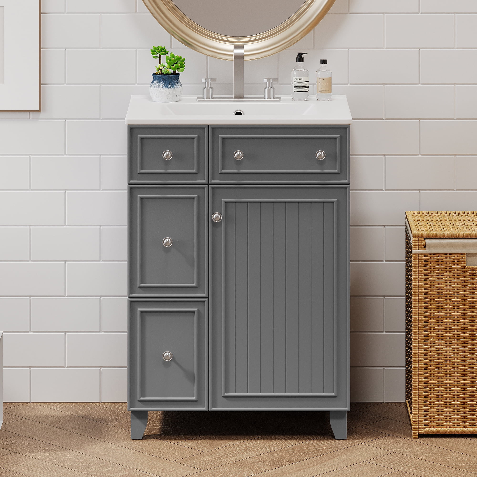 Harper & Bright Designs 24" Small Bathroom Vanity Sink Combo with 2 Drawers and Soft-Close Door, Gray