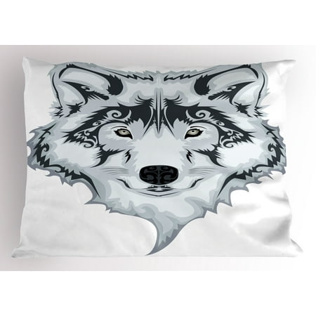 Tattoo Pillow Sham The Majestic Beast Creature Head of a Wild Wolf Tribal Tattoo Design Art Print, Decorative Standard Size Printed Pillowcase, 26 X 20 Inches, White and Black, by