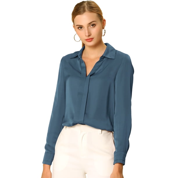 Camisa de trabajo de manga larga con blusa elegante con cuello en V de oficina para mujer gris azul M INSPIRE CHIC Camisa