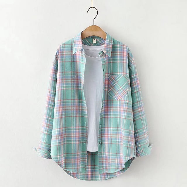 DPTALR Hauts à Manches Longues pour Femmes Cardigan à Revers à Simple Boutonnage Chemise Blouse à Carreaux à Boutons