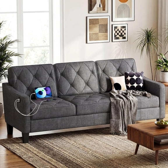 LAZZO 83" 3-Seater Tufted Couch, Modern Sofa with Trapezoid Arms for Living Room & Office, Gray