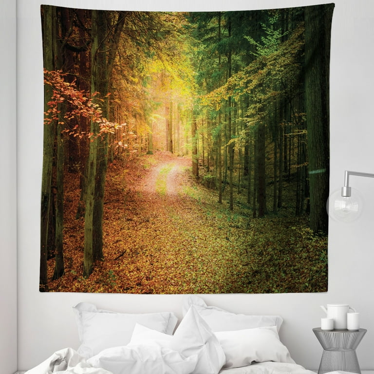 Autumn Scenery Tapestry Grace of Nature Depiction of the Forest Calming Landscape Art Fabric Wall Hanging Decor for Bedroom Living Room Dorm 5 Sizes Green Brown and Pale Rust by Ambesonne