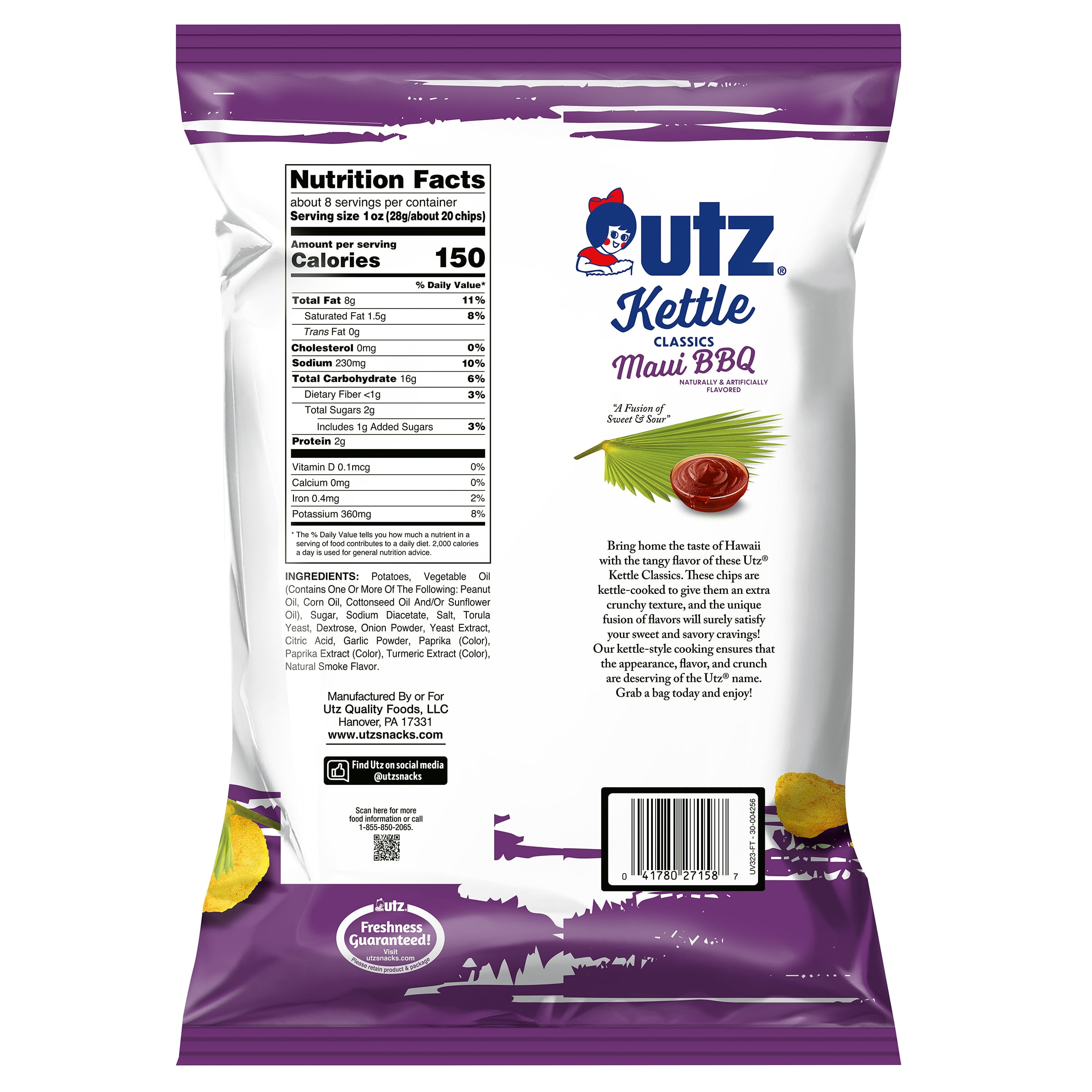 Utz Kettle Classics Maui BBQ Potato Chips, 7.5 oz Bags - Pack of 11