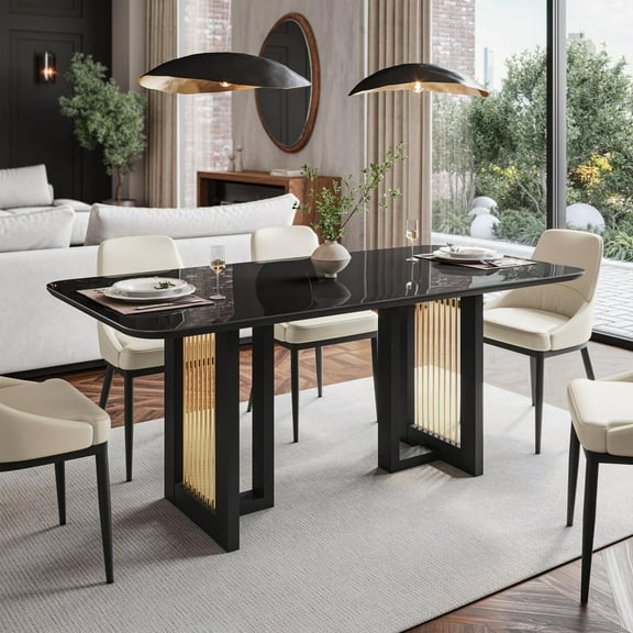 Modern Black Dining Table for 6 with Painted Glass Top and Gold Accents, Stylish and Elegant Design for Contemporary Dining Rooms, Black & Gold