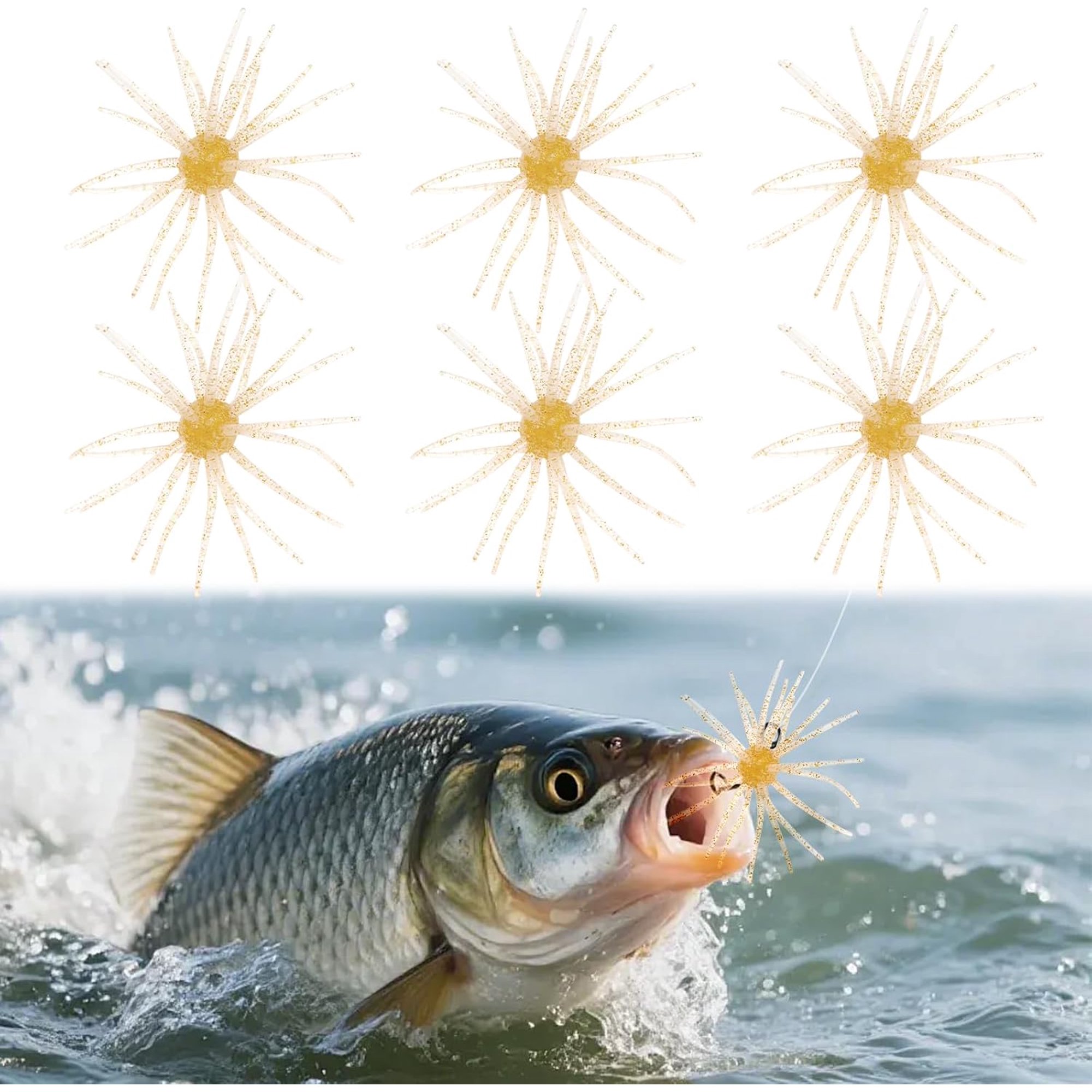 Urchin Fishing Bait 2.7 /4.3 Floating Dice Bait with Reflective Spots Soft Tentacle Creature Lure for Sea Fresh Water Bass Fishing Drop Shot Wacky Rig/Neko Rig and Finesse Slow Sinking