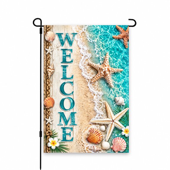 Welcome Beach Theme Garden Flag 12x18 Inch Ocean Seashell Starfish Coastal Outdoor Decor for Yard, Lawn, Patio, or Porch Display, Summer Decoration