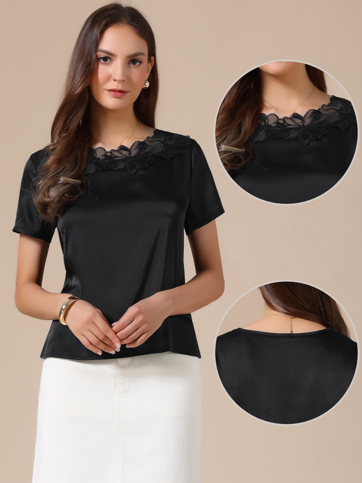 DARING DIVA Women's Elegant Floral Lace Blouse Short Sleeve Casual Work Shirt S Black