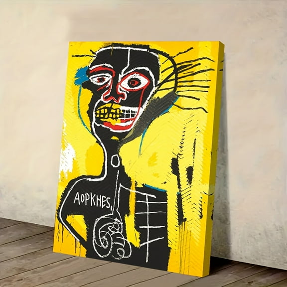 1pc Jean-Michel Basquiat Inspired Canvas Poster - Black, yellow, graffiti street art - Ready-to-Hang Framed Modern Painting for Living Room, Bedroom
