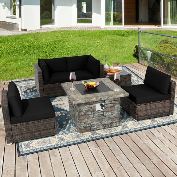 Costway 6 PCS Patio Wicker Furniture Set 34.5'' Fire Pit Table W/Cover Black