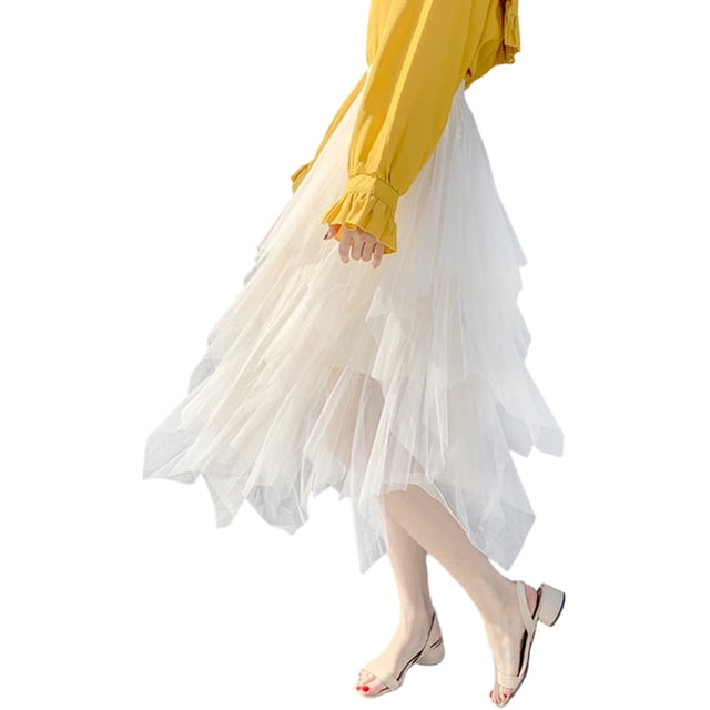 Womens Irregular Mesh Tulle Skirt High Waist Versatile Slimming Layered Tutu Skirt White S